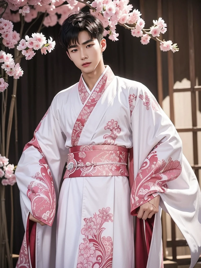1 Handsome chinese slim guy fucking, having sex, full naked , 20 years old, A pattern of pink-white martial art clothes with wind motif and robe for male. The design is inspired by hanfu.