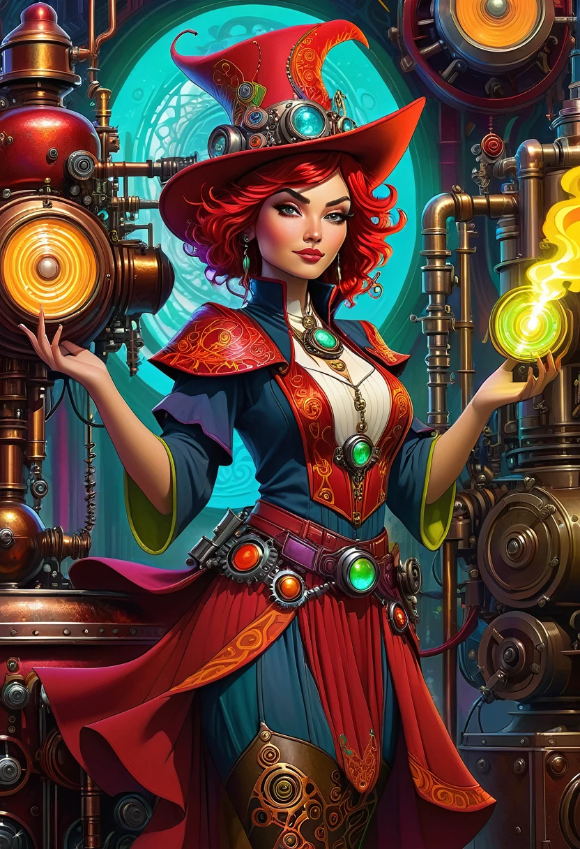 A high quality artistic rendition of "Ava Red, the Wizard of Magical Colors," a mechanical priestess, and Honky Tonk Girl, fantasy, steampunk, magical, vibrant colors, detailed character design, mystical, whimsical, character art, intricate details, digital painting, imaginative, creative concept, medium shot.