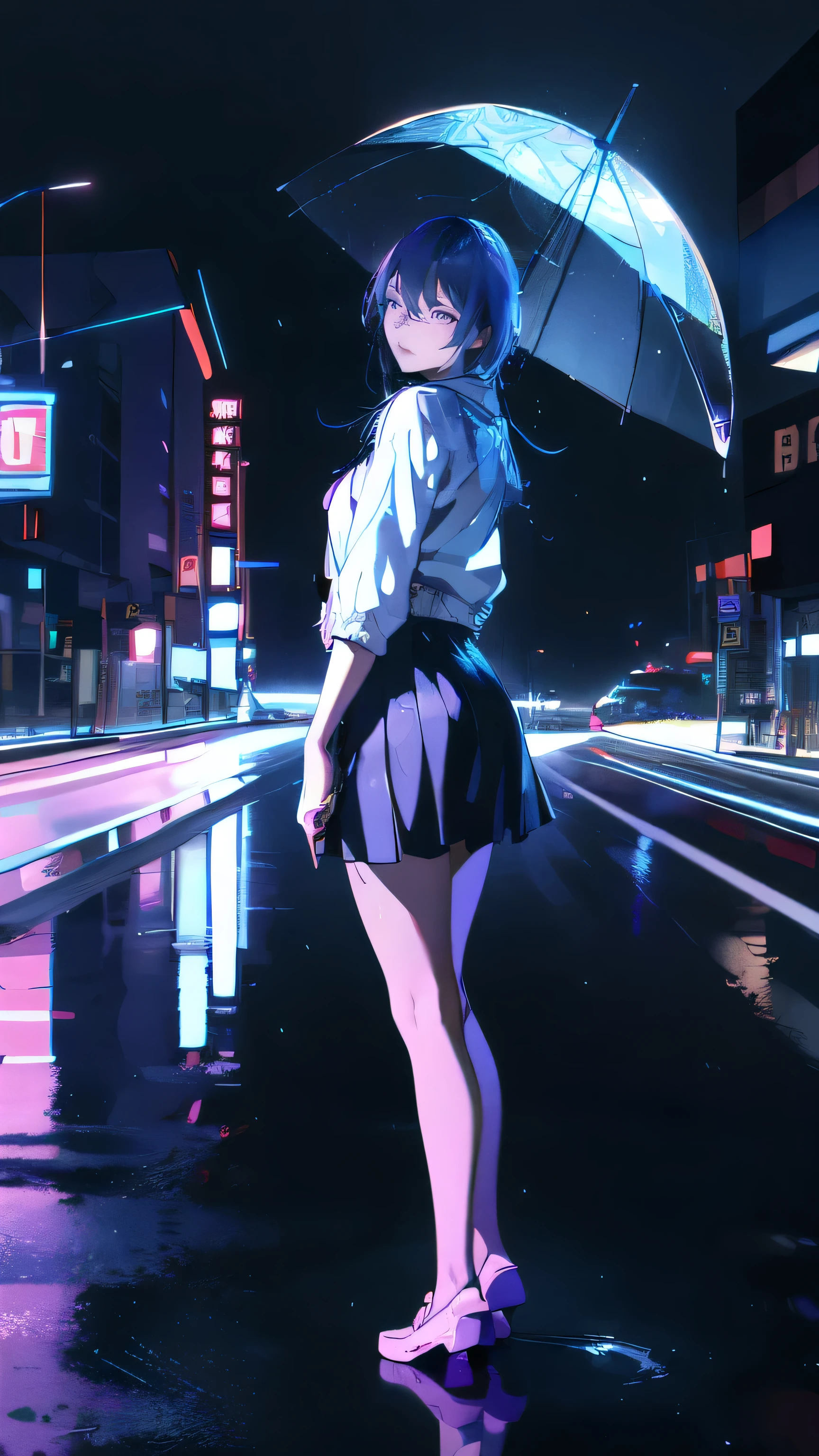 ultra-detailed, high resolution、anime、One woman, City of night, rain, Neon Signs、Your clothes are wet、Deep blue tight skirt、The light reflects on the road、Not holding an umbrella、Full body portrait、