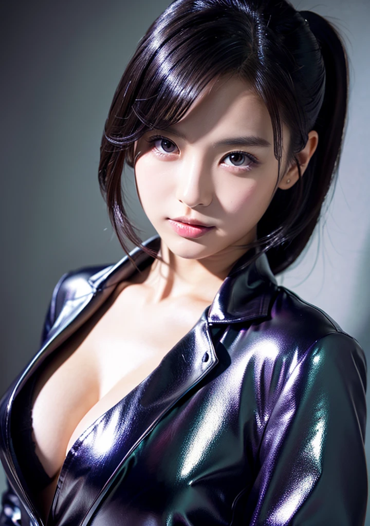 Photo studio、Rubber texture black purple silver leather blazer suit、Shiny black silk shirt、（Large Breasts:1.4)、Japanese、Gravure idol、Cute 18 year old girl,Black hair in a ponytail, masterpiece, 最high quality, 超high quality, high quality, High resolution, 超High resolution, Absurd, 4K, 8k, 16K, Very detailed, Realistic, photo Realistic, RAWphotograph, photograph, Super Fine Illustration,Beautiful Face、Realistic Face、(Ultra detailed hair)、(Ultra-detailed eyes)、Beautiful details、Realistic Skin、Perfect Anatomy、(Detailed skin)、Beautiful Skin、Charm、Ultra high definition、Ultra-realistic、Correct Anatomy, Perfect proportions