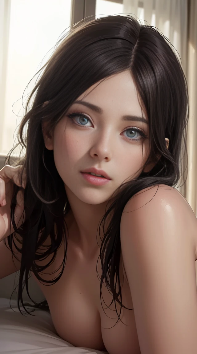 a naked woman lying in bed, beautiful detailed eyes, beautiful detailed lips, extremely detailed eyes and face, long eyelashes, sensual pose, soft lighting, warm colors, cinematic composition, dramatic lighting, (best quality,4k,8k,highres,masterpiece:1.2),ultra-detailed,(realistic,photorealistic,photo-realistic:1.37)