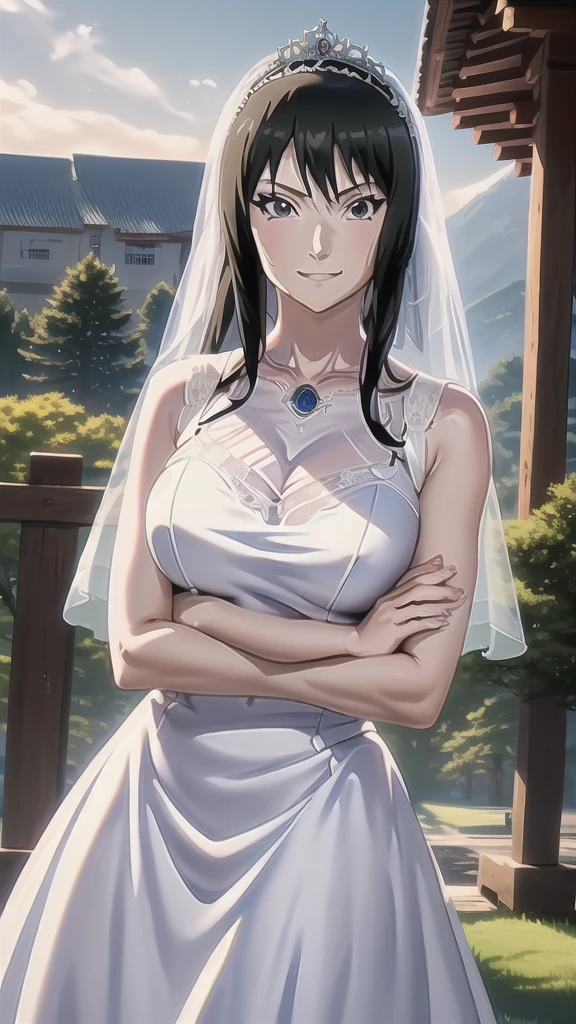masterpiece, best quality, shizune, looking at viewer, forest, serious, cowboy shot, crossed arms, 1girl, anime style, solo, wedding dress, white dress, satin, lace, ballgown st, perfect face, perfect hands , detailed, veil, tiara, hd, 8k, (masterpiece), best quality, expressive eyes, perfect face, good hands, best hands, smiling, anime screenshot, vibrant colors, balanced lighting, holding bouquet, cute, beautiful