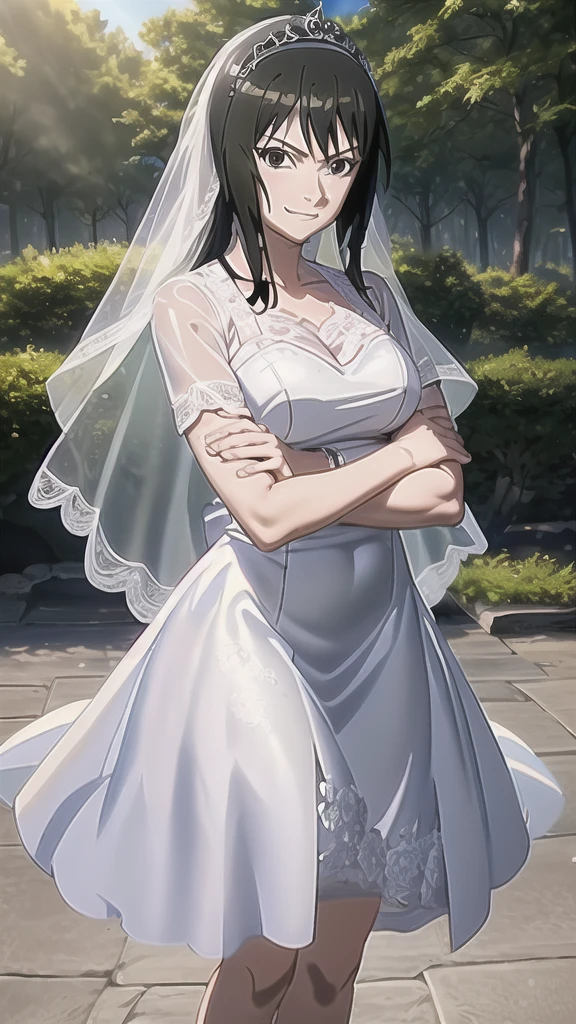 masterpiece, best quality, shizune, looking at viewer, forest, serious, cowboy shot, crossed arms, 1girl, anime style, solo, wedding dress, white dress, satin, lace, ballgown st, perfect face, perfect hands , detailed, veil, tiara, hd, 8k, (masterpiece), best quality, expressive eyes, perfect face, good hands, best hands, smiling, anime screenshot, vibrant colors, balanced lighting, holding bouquet, cute, beautiful