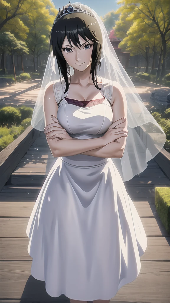 masterpiece, best quality, shizune, looking at viewer, forest, serious, cowboy shot, crossed arms, 1girl, anime style, solo, wedding dress, white dress, satin, lace, ballgown st, perfect face, perfect hands , detailed, veil, tiara, hd, 8k, (masterpiece), best quality, expressive eyes, perfect face, good hands, best hands, smiling, anime screenshot, vibrant colors, balanced lighting, holding bouquet, cute, beautiful