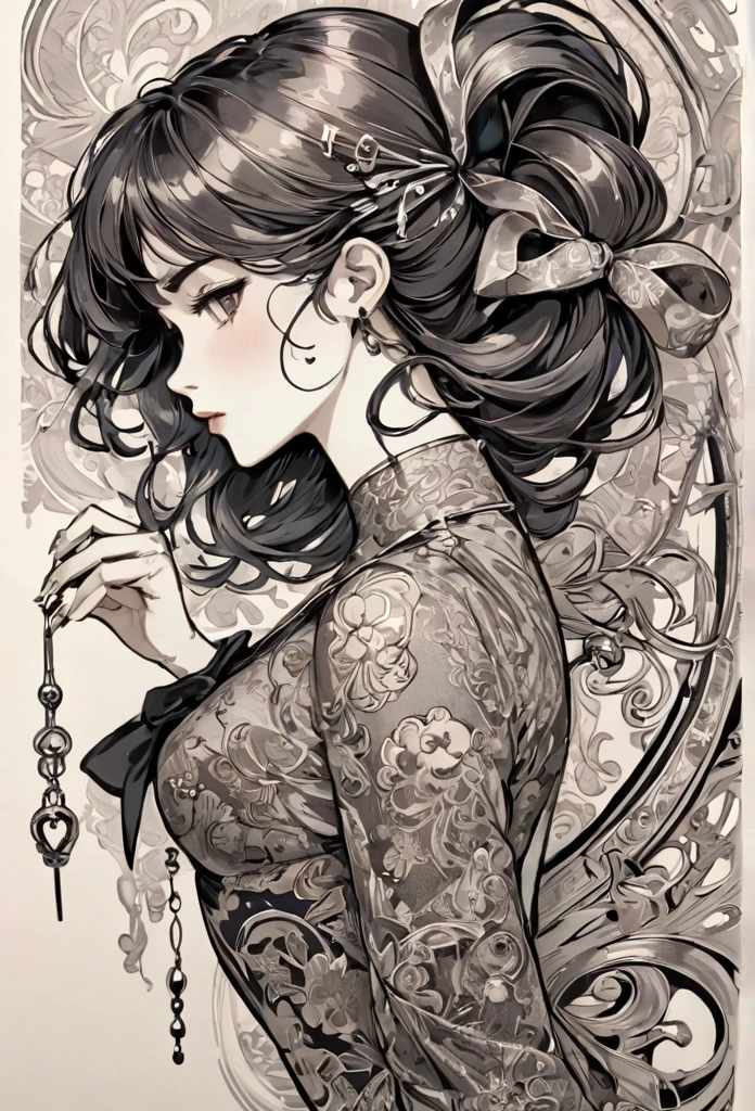 There is a picture of a safety pin., ornamental bow, Exquisite ink painting, Ink Artwork, Very fine line drawing, Masterpiece Ink Illustrations, Ink illustration with shadows, Highly detailed line art, Art Nouveau ink illustrations, Detailed ink illustration, Very detailed sketch, intricate detailed illustration, Thick Bow, Detailed ink drawing, Detailed illustrations,