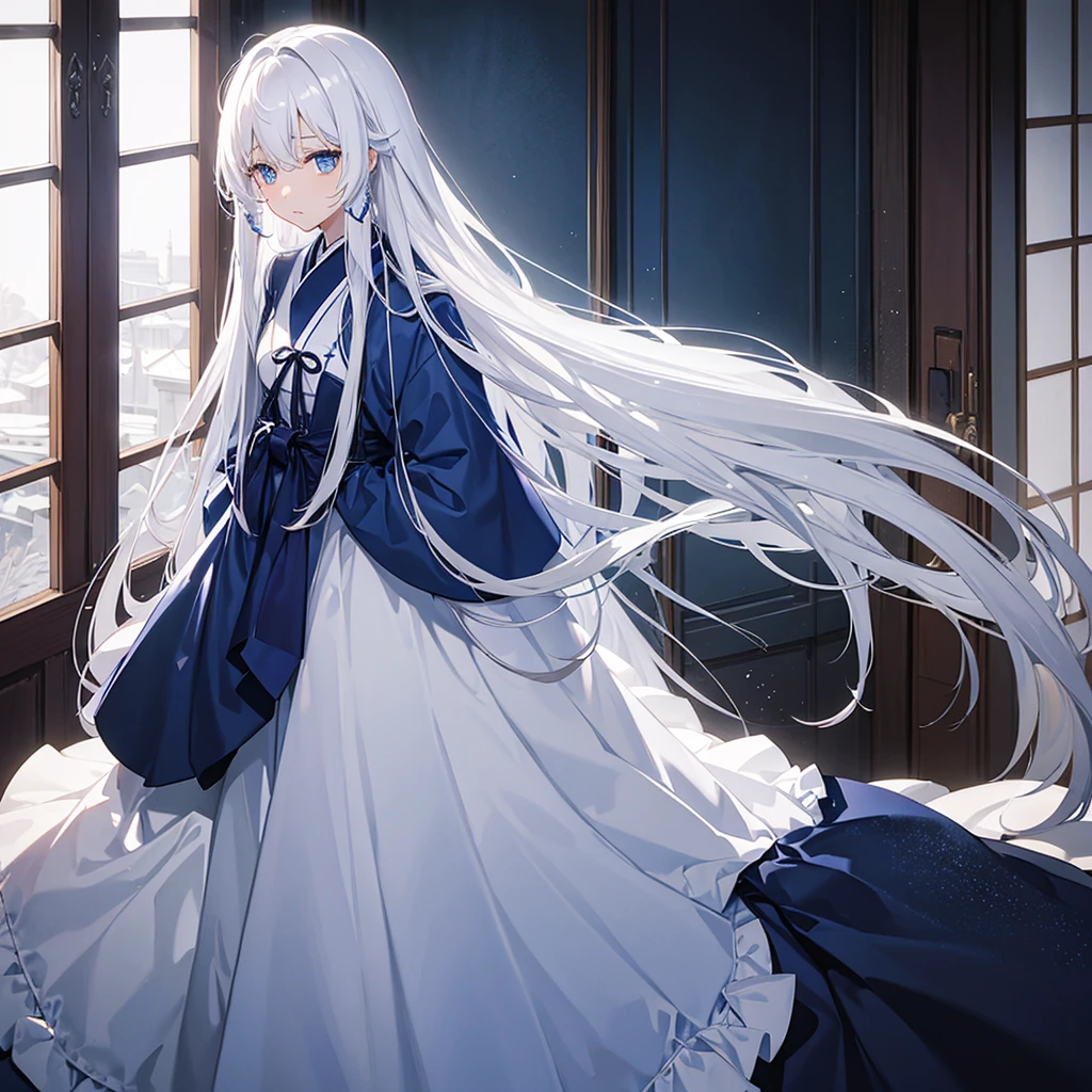 woman、Long white hair、Straight Hair、Private Server、Inside the house、My Room、Blue jersey、blue eyes、Staring at me、Dark atmosphere、There is pity、sorrow、Japanese Style、Highest quality