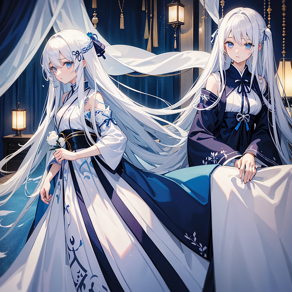 woman、Long white hair、Straight Hair、Private Server、Inside the house、My Room、Blue jersey、blue eyes、Staring at me、Dark atmosphere、There is pity、sorrow、Japanese Style、Highest quality