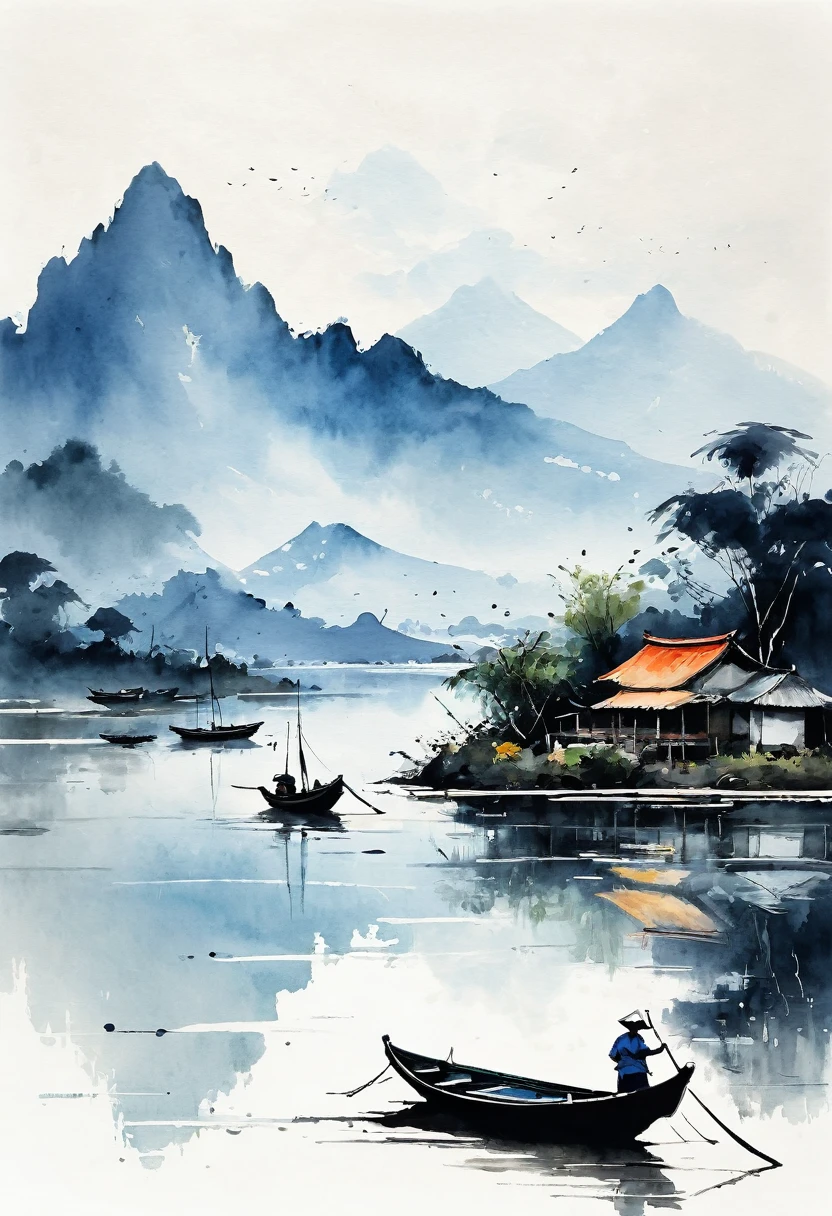 Javanese ink painting, traditional painting, beautiful natural landscapes, boats, lakes, mountain views, minimalism, empty space, abstract expressionism, brush textures