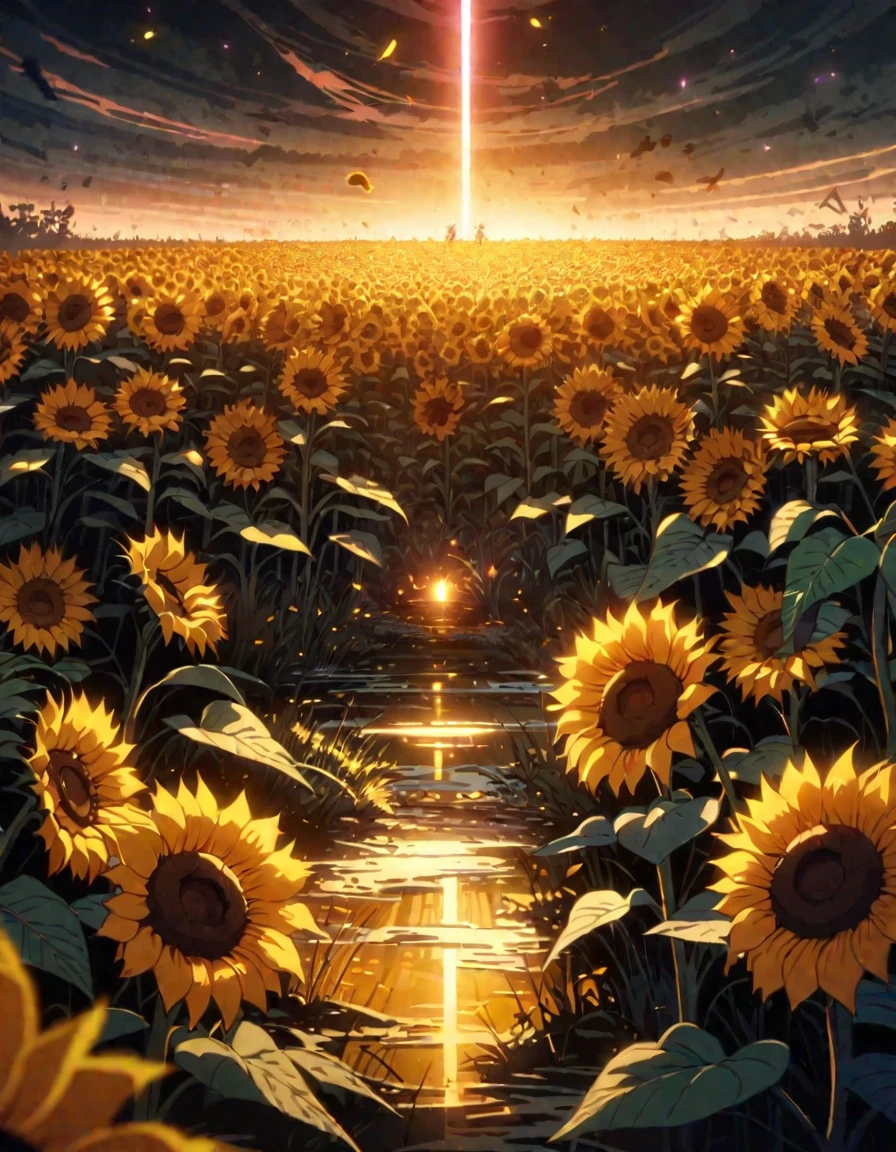 anime scenery, anime aestetics, huge sunflower, rotten sunflower, old farmfield, flies in the air, sad atmosphere, glowing light orange seeds, spiky stem, old flower, toxic swamp,toxic yellow fog, dim light, front view, wide shot, atmospheric perspective, perspective, pov, 8k, highres, best quality, award winning, super detail, masterpiece