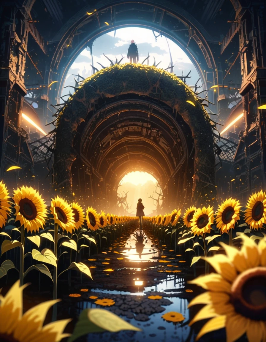 anime scenery, anime aestetics, huge sunflower, rotten sunflower, old farmfield, flies in the air, sad atmosphere, glowing light orange seeds, spiky stem, old flower, toxic swamp,toxic yellow fog, dim light, front view, wide shot, atmospheric perspective, perspective, pov, 8k, highres, best quality, award winning, super detail, masterpiece