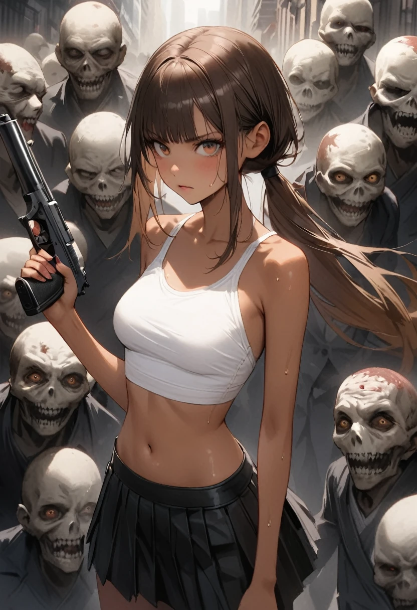 Dynamic action sceneasterpiece,Highest quality:1.3,best quality illustration)),(realistic),cowboy shot,solo,1woman,25 year old beauty,brown hair,(low ponytail hair),long hair,bangs,brown eyes,(gorgeous big eyes),((very small head:1.3)),Serious expression,((very long body:1.2,skinny)),((tan skin:1.4)),medium breasts,Black leather double rider jacket、White tube top shirt、navel,Black pleated mini skirt,((Hold a gun、Shoot a gun:1.3)),gleaming skin,slender body,sweat,(Multiple zombies roaming around)、on street,New York City、Resident Evil World、