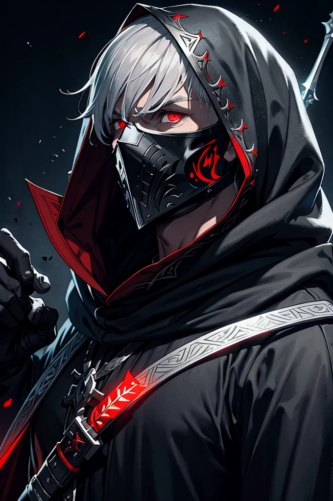 "An assassin, male, fantasy character, physically strong, wearing a skull mask covering his face and eyes, dressed in black medieval attire, with a white hooded cloak over it, gray hair, short hair, red eyes, holding a dagger, nighttime background."