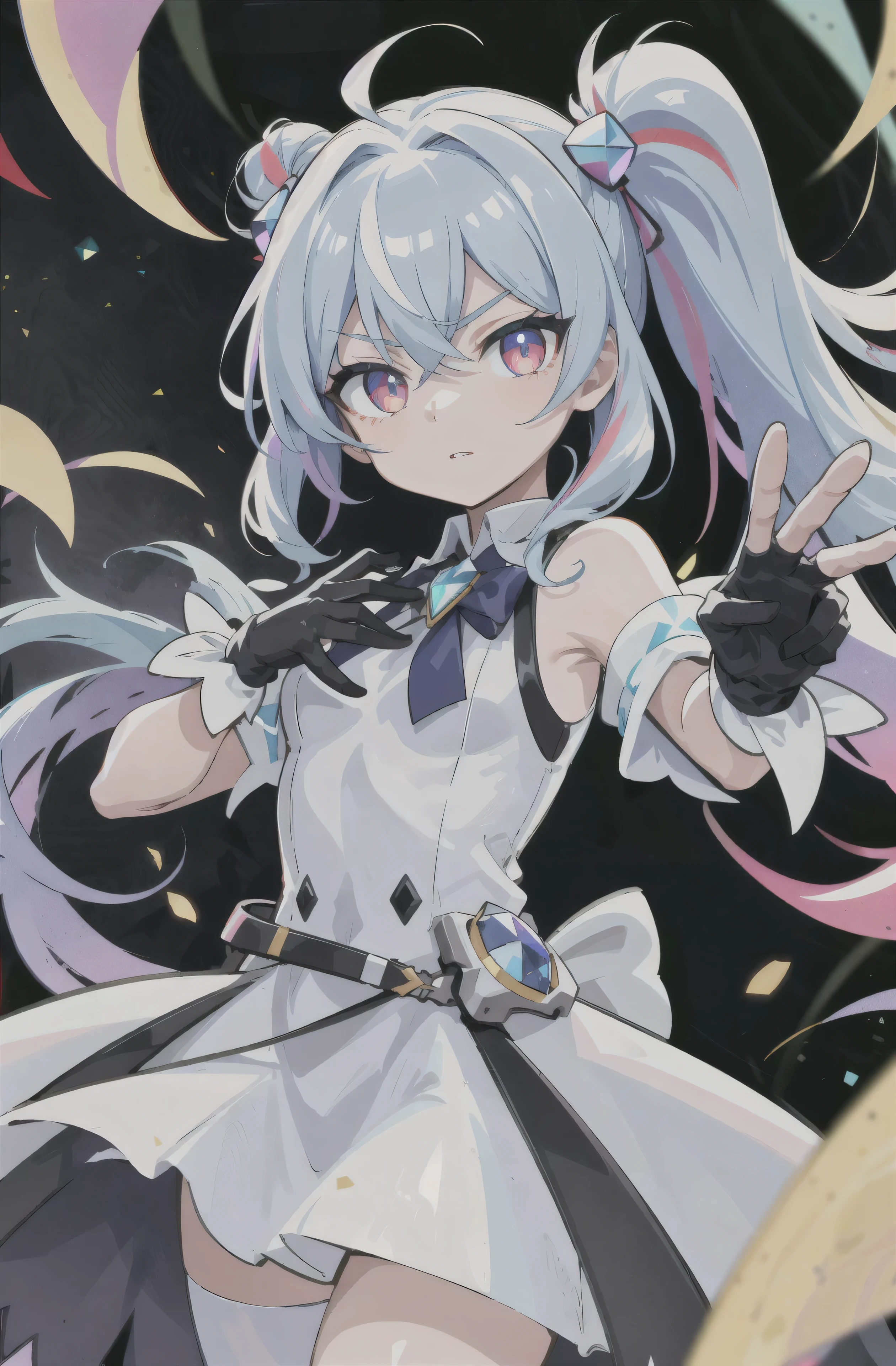 (fine, sharp images, super resolution, extremely amazing detail, awesome detail), subsurface scattering, masterpiece, best quality, high quality, 1girl, solo, upper body, (one hand at the side and the other on the waist), prism eyes, prism hair, prism, serious, [silver|white] + (blue: -0.3) hair, blue + red eyes, gradient eyes, multicolored eyes, calm, small breasts, student union uniform, gloves with optimal proportions of four fingers and one thumb, glow, Glowing eyes, glowing white particles, glitter, bloom, fantasy, cave,