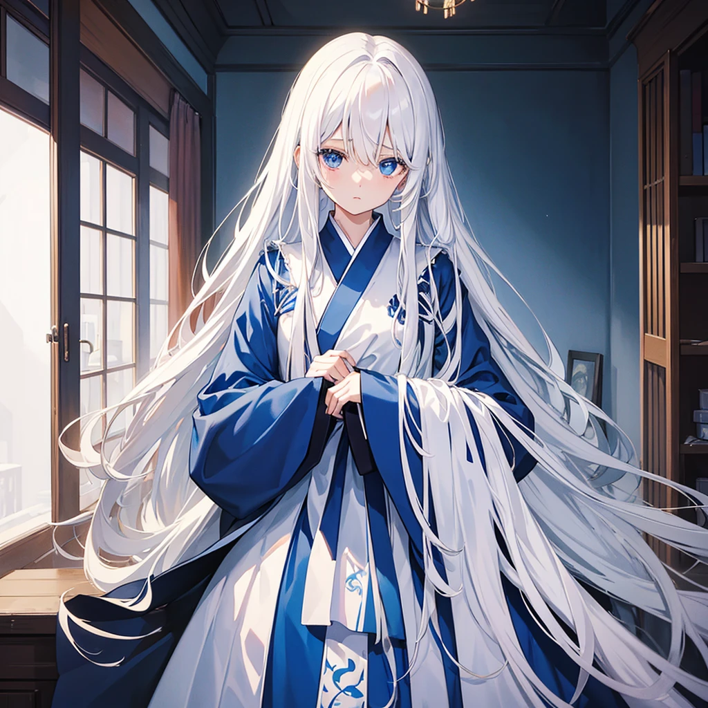 woman、Long white hair、Straight Hair、Private Server、Inside the house、My Room、Blue jersey、blue eyes、Staring at me、Dark atmosphere、There is pity、sorrow、Japanese Style、Highest quality