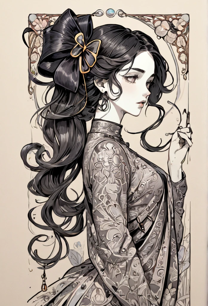 Here is a photo of the safety pin., ornamental bow, Exquisite ink painting, Ink Artwork, Very thin line drawing, Masterpiece Ink Illustrations, Ink illustration with shadows, Highly detailed line art, Art Nouveau ink illustrations, Detailed ink illustration, Very detailed sketch, intricate detailed illustration, Thick Bow, Detailed ink drawing, Detailed illustrations,