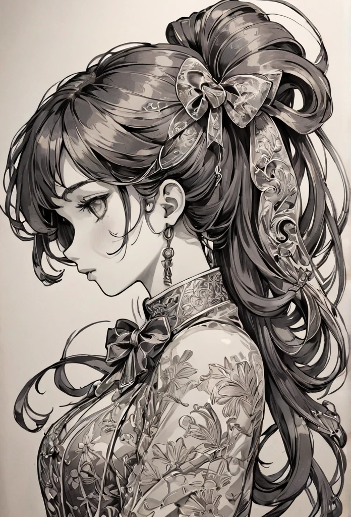 Here is a photo of the safety pin., ornamental bow, Exquisite ink painting, Ink Artwork, Very thin line drawing, Masterpiece Ink Illustrations, Ink illustration with shadows, Highly detailed line art, Art Nouveau ink illustrations, Detailed ink illustration, Very detailed sketch, intricate detailed illustration, Thick Bow, Detailed ink drawing, Detailed illustrations,
