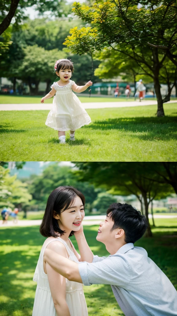 high quality, Highest Quality, Masterpiece, realistic, A 2-year-old boy playing in the park with his 24-year-old mother., peaceful, Korea people,