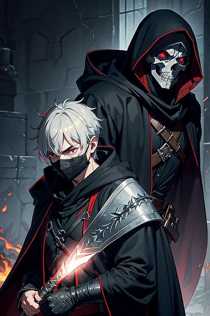 "An assassin, male, fantasy character, physically strong, wearing a skull mask covering his face and eyes, dressed in black medieval attire, with a white hooded cloak over it, gray hair, short hair, red eyes, holding a dagger, nighttime background."