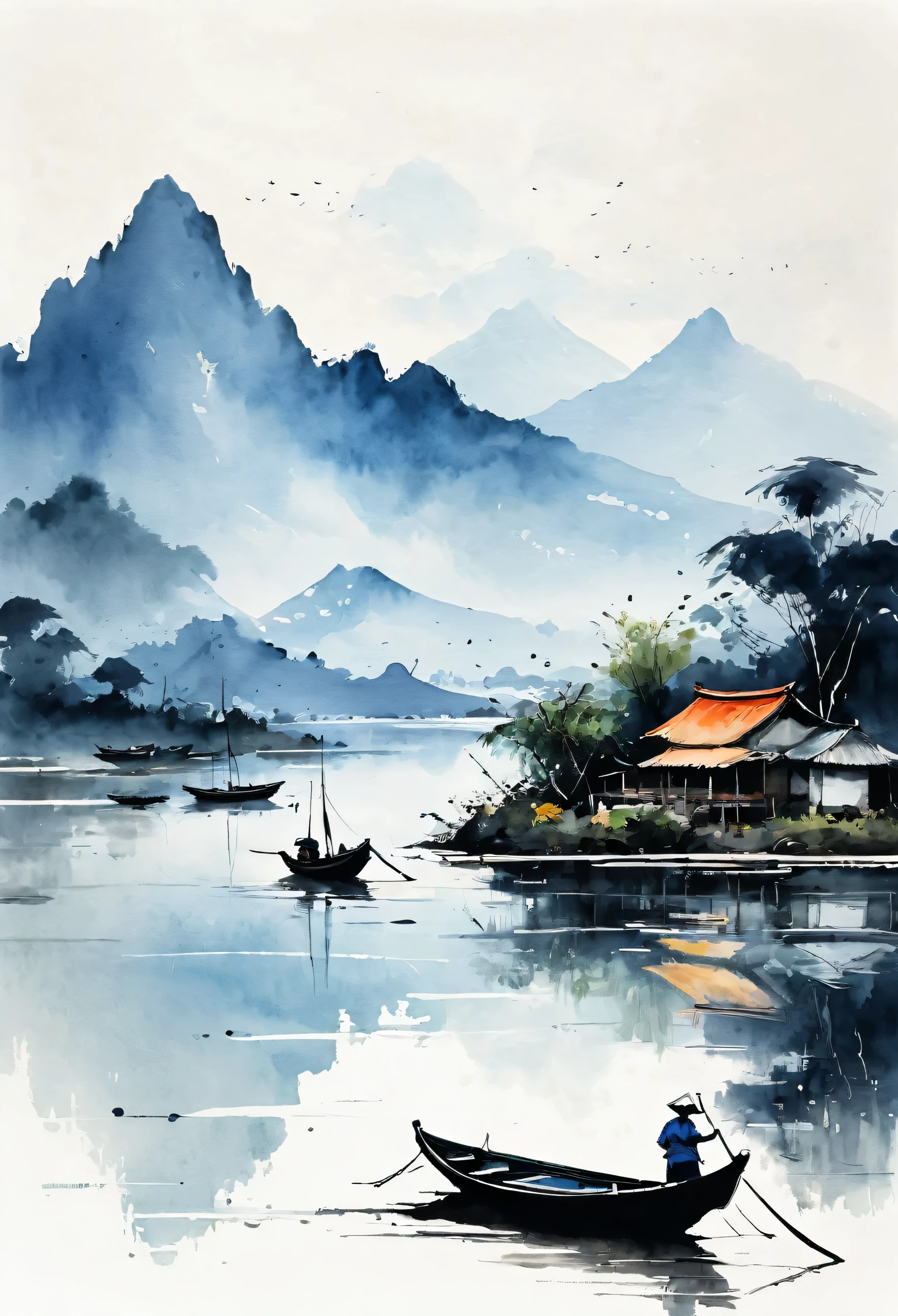 Javanese ink painting, traditional painting, beautiful natural landscapes, boats, lakes, mountain views, minimalism, empty space, abstract expressionism, brush textures