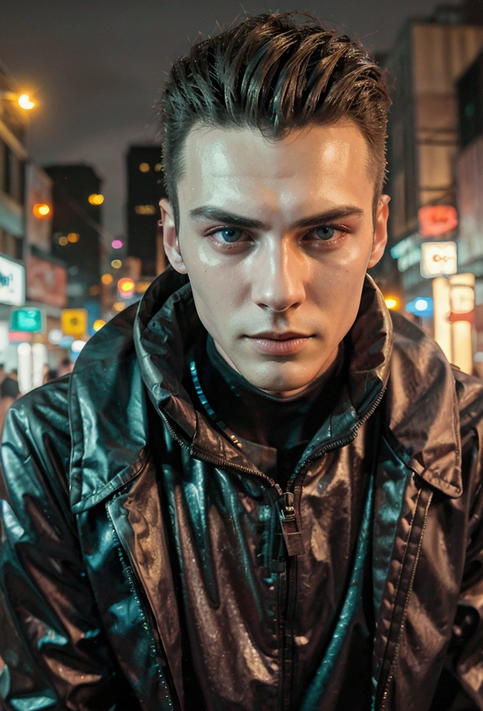 thin man, handsome, young man of about 18 years, Futuristic cyberpunk style, on a street at night with shades of neon lights around, Realistic selfie, 18k,