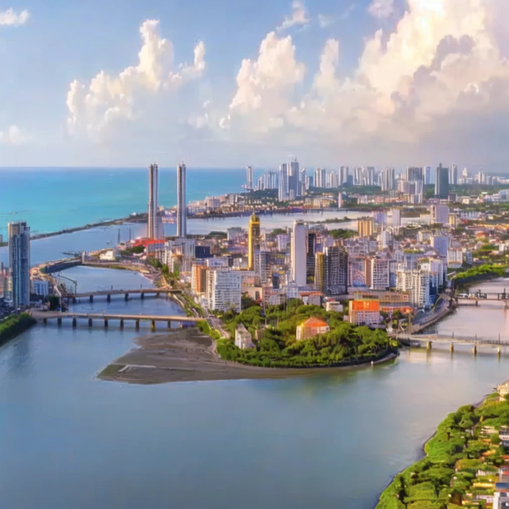 A view of the city of Recife at dawn, with the sun appearing on the horizon.