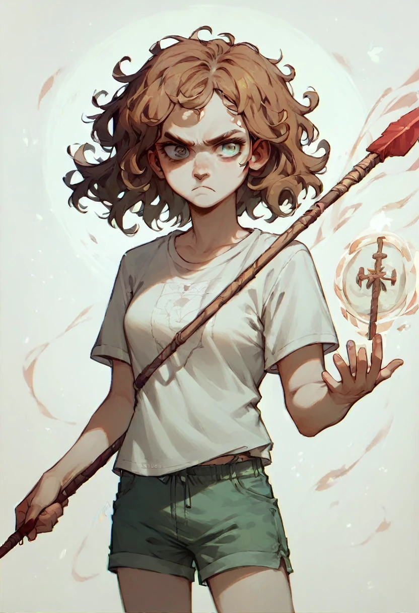 make a woman of (((medium wavy copper hair)), with eyes ((completely white))), skin fair, (((holding a magic spear in his hand)), with an((serious look)), with casual clothes like shorts and a t-shirt