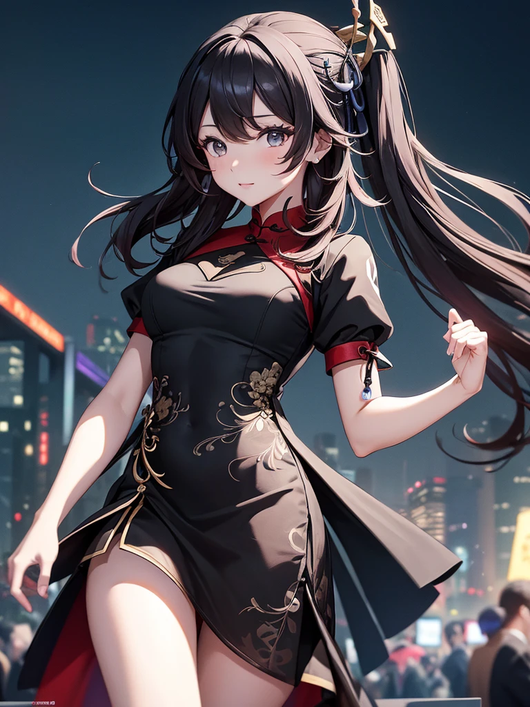 (Hu tao), 1girl, wearing modern black colour party frock, at a night party, 8k, high detailed, high quality