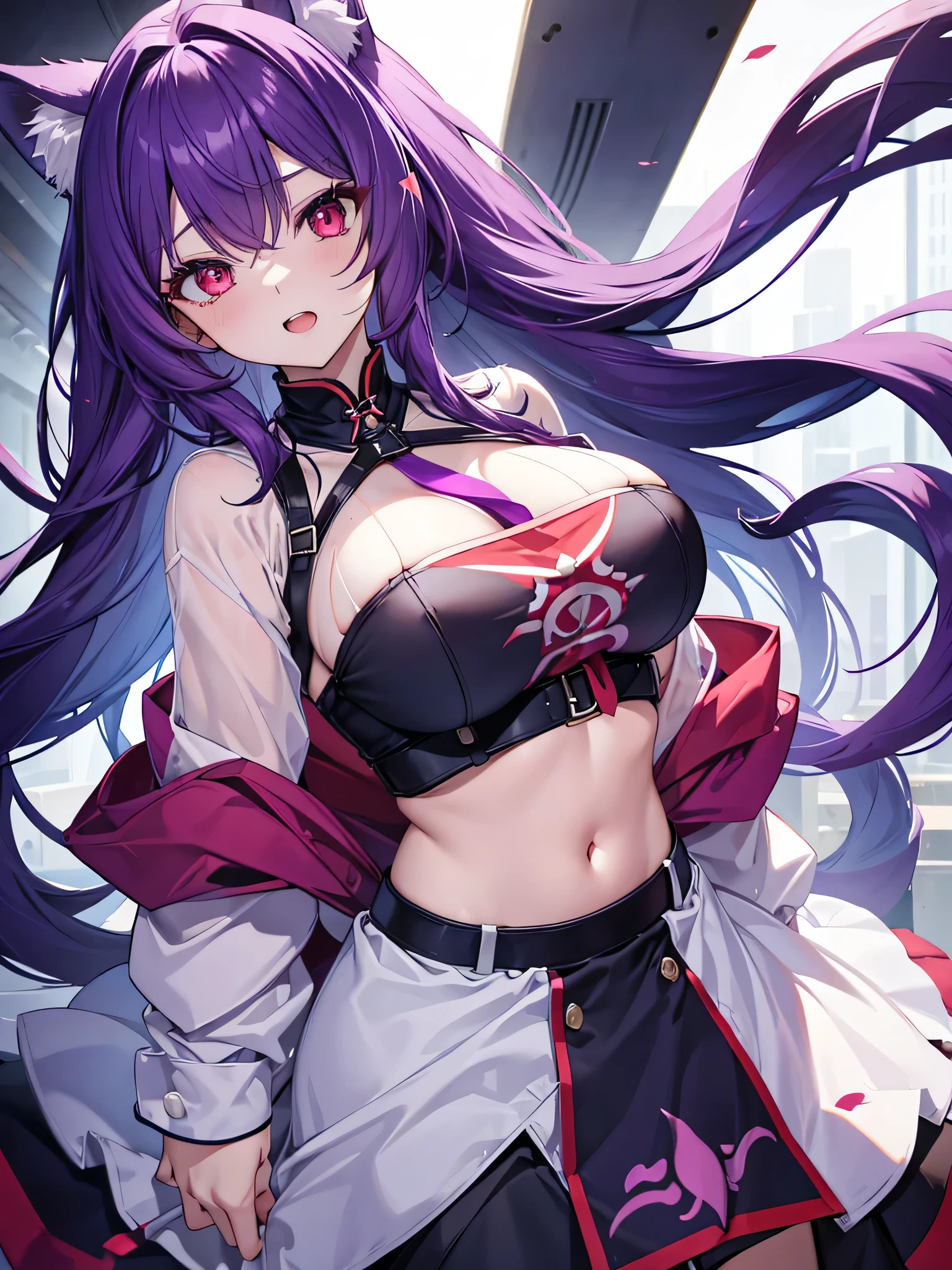 Fox Girl, Large Breasts, Voluminous purple hair, masterpiece , Red eyes, High resolution, Head to Chest, buried in my chest、Underbust、Yae Teeth、teeth、Crop tops