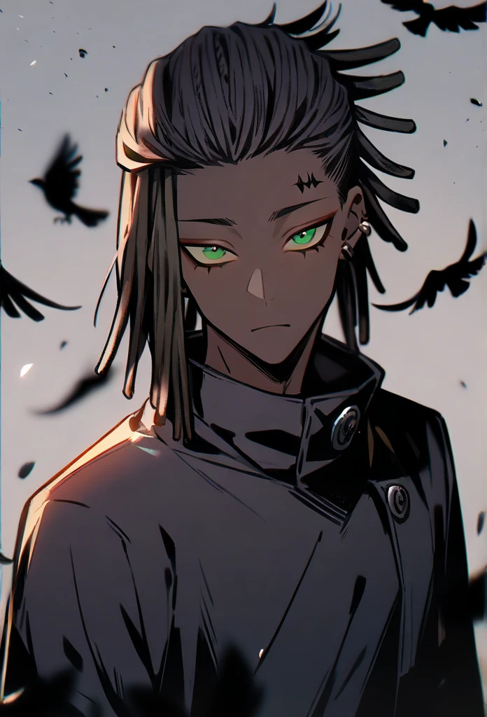 (1boy,jujutsu kaisen) solo, (emo style), (brown skin color),short ((dreadlock hairstyle)), green eyes, masterpiece, best quality, high quality.black crow