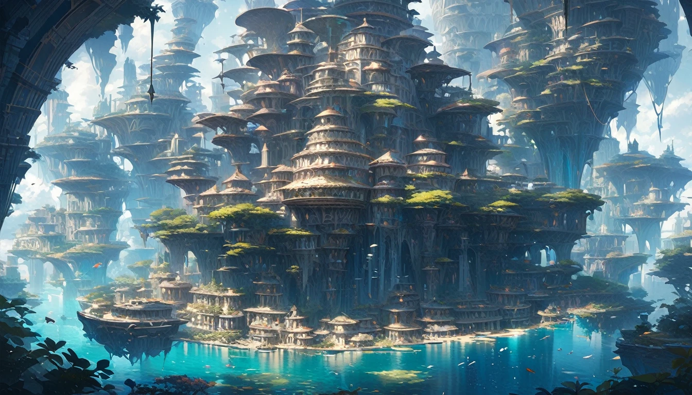 ((best quality)), ((masterpiece)), detailed, (Underwater animated city), (architecture), 有色彩斑斓的珊瑚architecture和发光的海洋生物.
