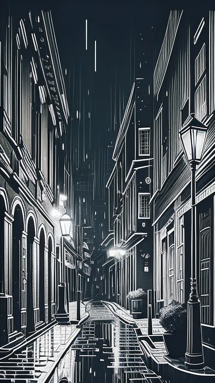 night，A light rain was falling，You are walking down an alley。There are old historical buildings on both sides.。This area has a dark atmosphere.，The street lights turn on。Describe the scenario，Pay attention to the atmosphere、space、Shape and lighting、Line drawing minimal style、Clear lines