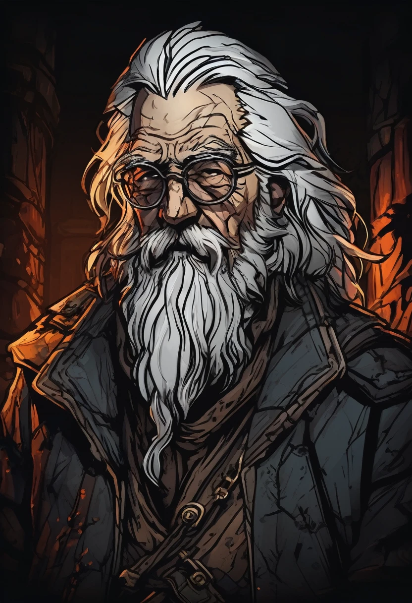 (((darkest dungeon style))), darkest dungeon character portrait, Vivid, high-contrast horror portrait of a old man, (((Long white hair))), (((long beard))), european old man, careless, poor, dirty, under a dramatic, gritty lighting, many shadows, cold lights, dark art, highly detailed, extremely detailed, masterpiece
