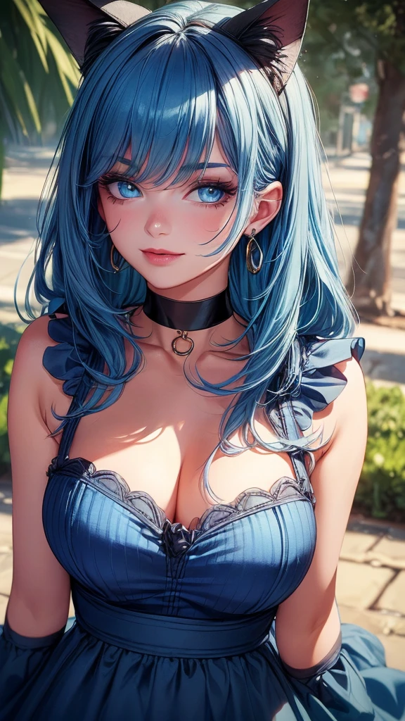 ((highest quality)),(ultra high resolution),(Super detailed),(detailed description),((best CG)),(best work of art),super precision art, great drawing art,(Art with precise details:1.5), 1 girl, solo, ((blue hair)), ((blue eyes)), beautiful face, long eyelashes, natural eyebrows, ((blue summer dress)), (looking at viewer), earrings, ear piercing, large , thick thighs, cleavagskin, flirty smile, juicy lips, posing sexily, sultry s, ((long bangs)), ((black choker, necklace)), (cat ears), close up, portrait