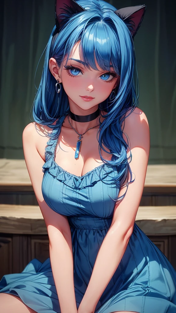 ((highest quality)),(ultra high resolution),(Super detailed),(detailed description),((best CG)),(best work of art),super precision art, great drawing art,(Art with precise details:1.5), 1 girl, solo, ((blue hair)), ((blue eyes)), beautiful face, long eyelashes, natural eyebrows, ((blue summer dress)), (looking at viewer), earrings, ear piercing, large breasts, thick thighs, cleavage, pale skin, flirty smile, juicy lips, posing sexily, sultry eyes, ((long bangs)), ((black choker, necklace)), (cat ears), close up, portrait