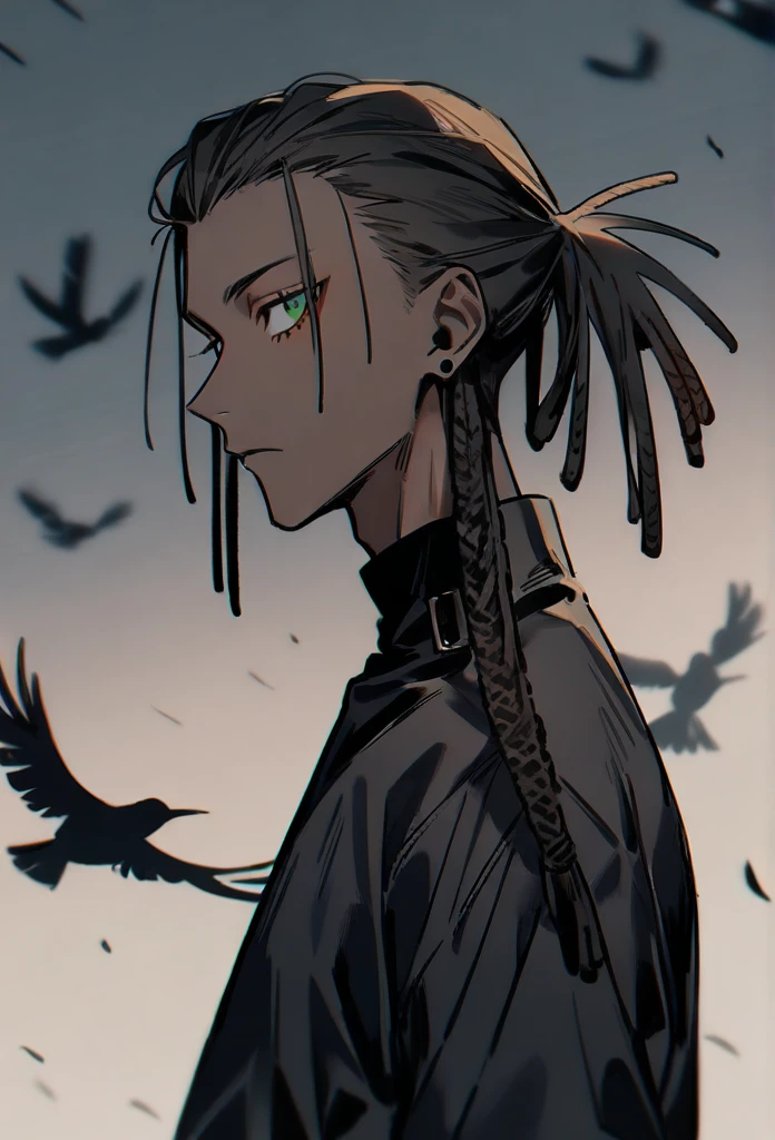 (1boy,jujutsu kaisen) solo, (emo style), (brown skin color),short ((dreadlock hairstyle)), green eyes, masterpiece, best quality, high quality.black crow