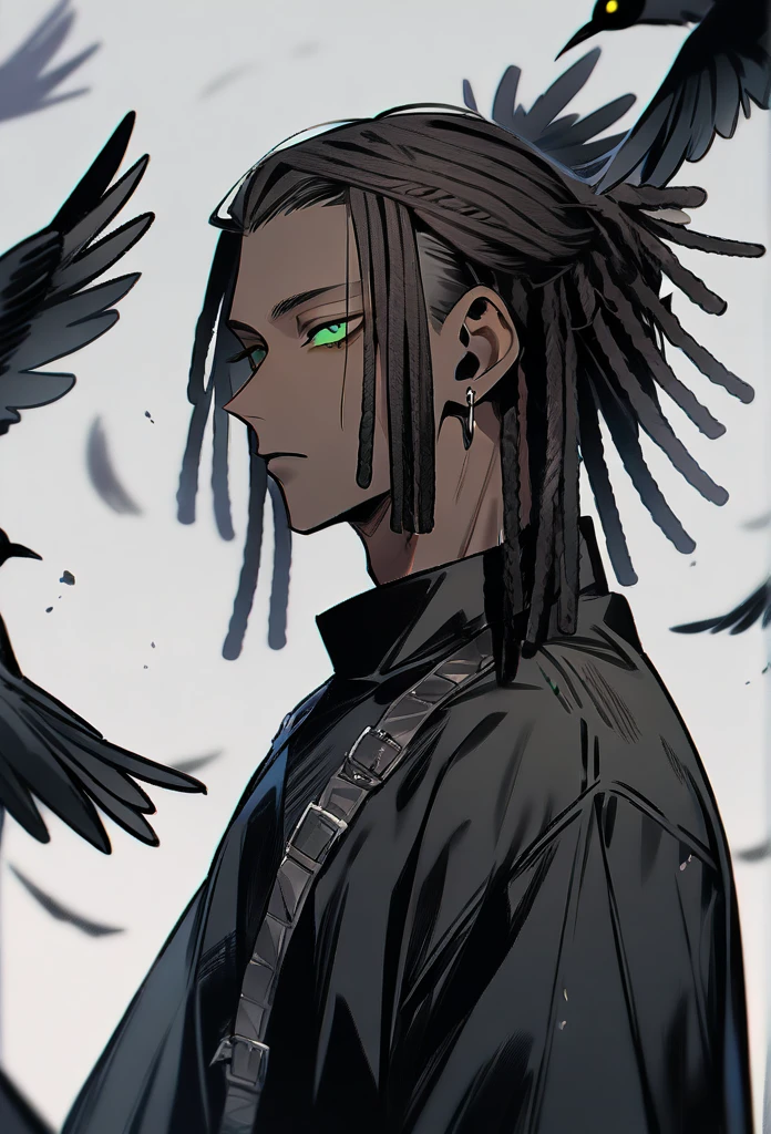 (1boy,jujutsu kaisen) solo, (emo style), (brown skin color),short ((dreadlock hairstyle)), green eyes, masterpiece, best quality, high quality.black crow
