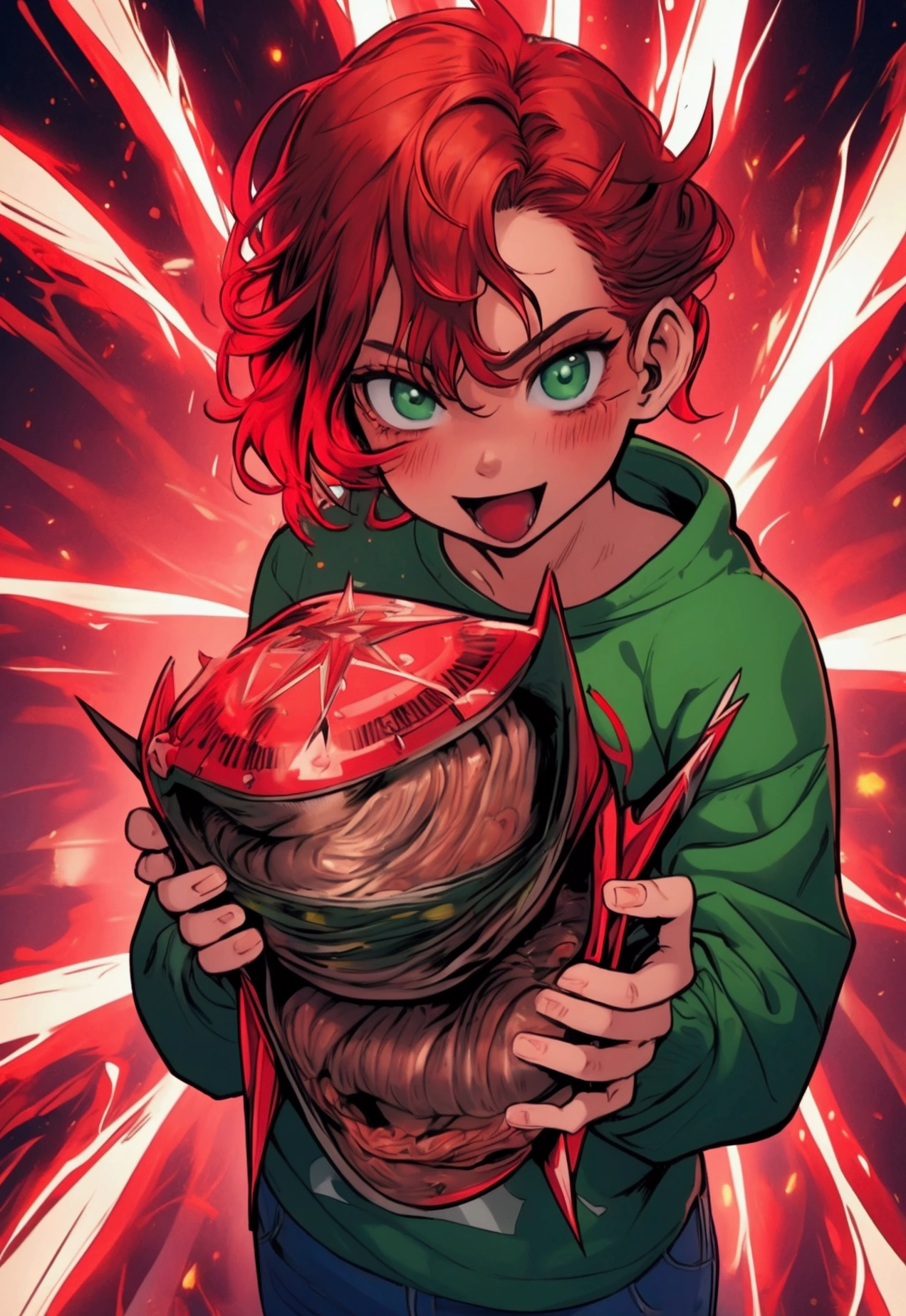 Dc comic, Hero, flash neto, adolescent, russet hair, pink skin and sardines,greeneyes, red sweatshirt with symbol 