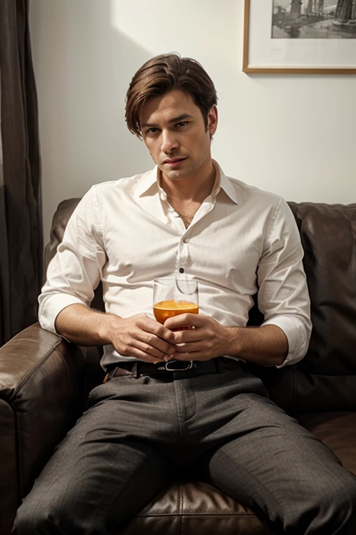 A man sitting on a sofa and holding a glass、Classy portrait,  High-resolution consignment,  Male art, Art Station: Male aesthetics,, (8k, Highest quality, masterpiece:1.2), (Realistic, photo-Realistic:1.2). watercolor、Norman Stanfield&#39;s Fantastic Expressions Leon、Challenging gaze, 23 years old、A bloodthirsty vampire look、People pleaser、play、Erotic infidelity、My burning heart breaks、Disconnect、beast of prey、Malicious Eye、Cheating on women、Combatant Darkness、Quiet anger、Painful expression、Dripping Sweat、Wounds all over the body、first round、to be tied up、naked、Ecstasy、Dog Pose