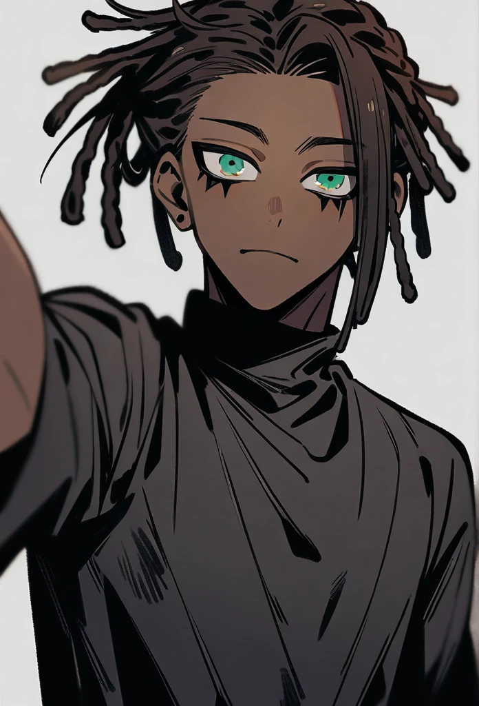 (1boy,jujutsu kaisen) solo, (emo style), (brown skin color),short ((dreadlock hairstyle)), green eyes, masterpiece, best quality, high quality.