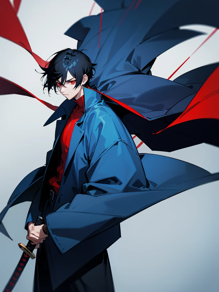 A man with black hair and red eyes wearing a blue raincoat and a katana on his back.