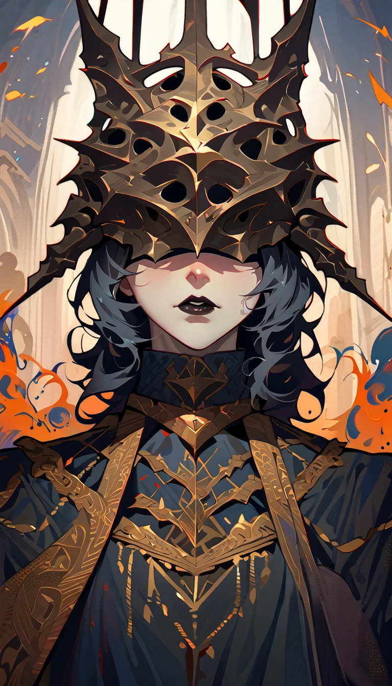 (high quality, 8k, 4K, high contrast, artwork:1.2, high quality, best aesthetics), (centered), ((1 woman)), mature body, super detailed, beautiful face detailed, detailed beautiful mouth, (long wavy black hair), (both eyes blindfolded), (blindfolded), (black blindfold), (serious expression), (black lipstick), (front view), (standing), (black medieval armor), (shoulder pads), (long black cape), (black bunny ears), (medieval knight)