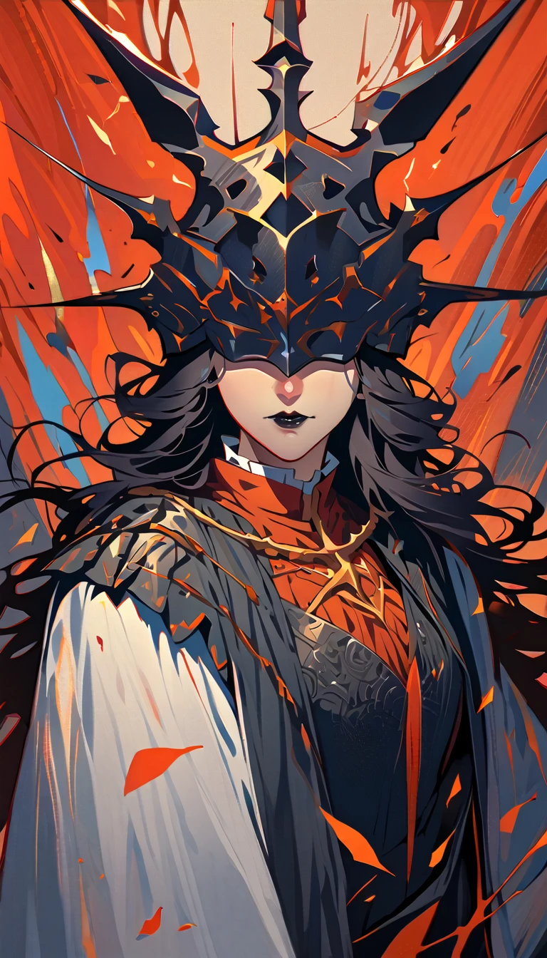 (high quality, 8k, 4K, high contrast, artwork:1.2, high quality, best aesthetics), (centered), ((1 woman)), mature body, super detailed, beautiful face detailed, detailed beautiful mouth, (long wavy black hair), (both eyes blindfolded), (blindfolded), (black blindfold), (serious expression), (black lipstick), (front view), (standing), (black medieval armor), (shoulder pads), (long black cape), (black bunny ears), (medieval knight)