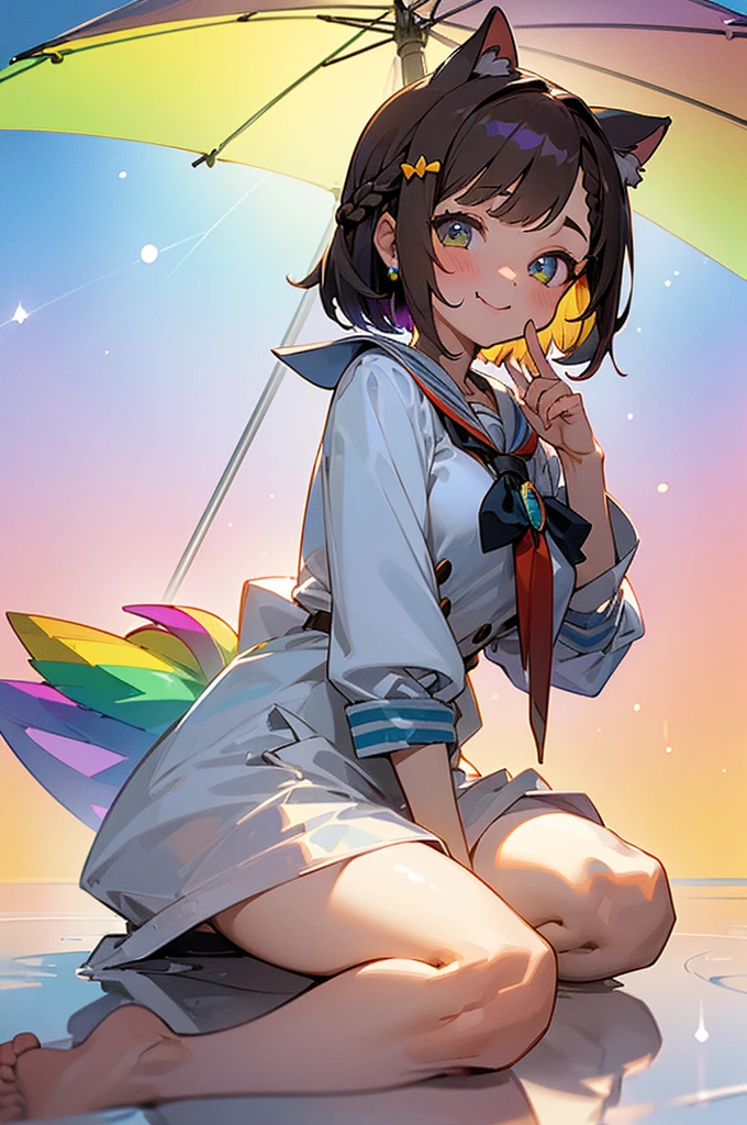 (((1girl))), solo, (more_details:1.5), (petite), ((oppai_)), soft features, barefoot, perfect hands, perfect fingers, extremely detailed finger, brown hair, bob cut, braided bangs, one side up, hair ornament, earrings, happy smile, cute fang, Beautiful detailed gemological eyes, jewel-like eyes, (slim body), ((large_breasts)), ((petit)), (white:1.2), sailor, (sailor costume), cat_ears, ultra-detailed, ((background: rainbow, rain, milky_way), (raincoat), loliake, Rainbow in the sky, a girl sits on the rainbow, sit on the rainbow