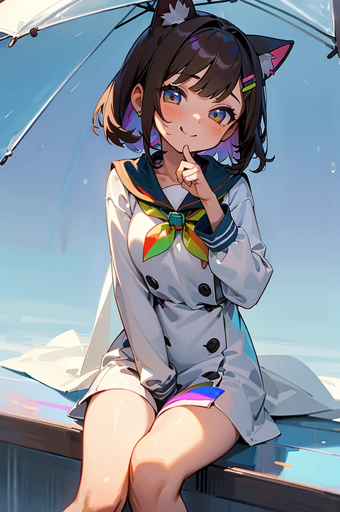 (((1girl))), solo, (more_details:1.5), (petite), ((oppai_loli)), soft features, barefoot, perfect hands, perfect fingers, extremely detailed finger, brown hair, bob cut, braided bangs, one side up, hair ornament, earrings, happy smile, cute fang, Beautiful detailed gemological eyes, jewel-like eyes, (slim body), ((large_breasts)), ((petit)), (white:1.2), sailor, (sailor costume), cat_ears, ultra-detailed, ((background: rainbow, rain, milky_way), (raincoat), loli, brake, Rainbow in the sky, a girl sits on the rainbow, sit on the rainbow