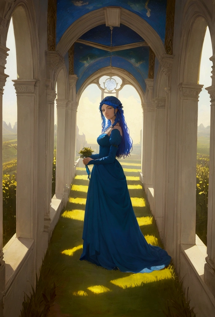 Image of a woman in a blue dress, standing in the field, inspired by Adam Elsheimer, inspired by Arnold Böcklin, inspired by Jean-François Millet, based on Pierre Puvis de Chavannes, blue earth. Fantasy, inspired by Maxfield Parrish, based on Arthur Hughes, inspired by Henry Ossawa Tanner