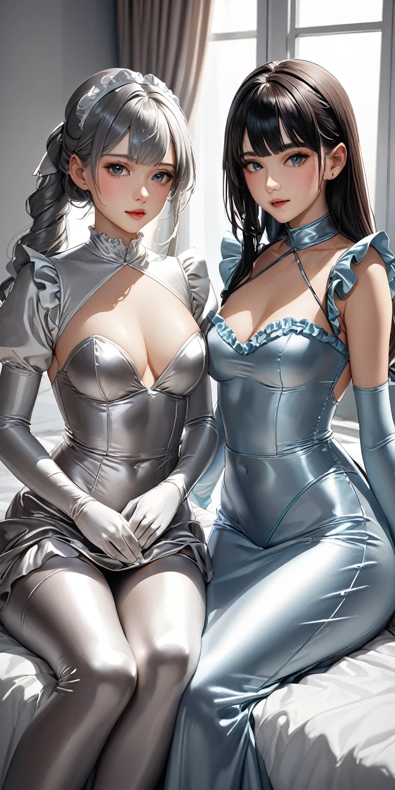 Portraiture、(masterpiece,Highest quality,Ultra-high resolution),Japanese women, (((Very beautiful 2 girl))),(White Transparent see-through latex maid outfit)、(White latex micro skirt)、(A long-sleeved Transparent see-through latex shirt that covers the upper body)、White latex gloves、White latex socks、White Transparent see-through latex bodysuit、Frills、The clothes fit snugly to the body、Latex is very shiny、Dark Room、