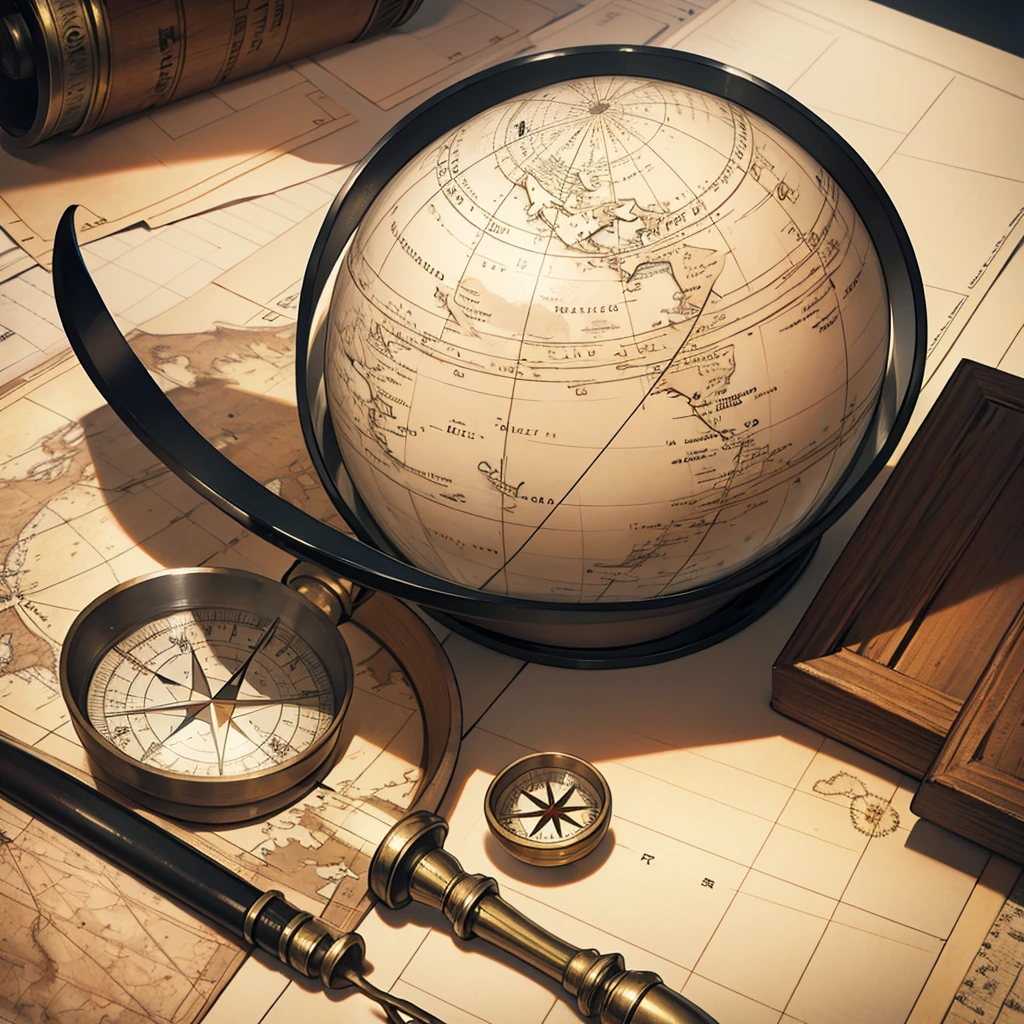 globe with items around,a magnifying glass,a map a compass around the globe fun 