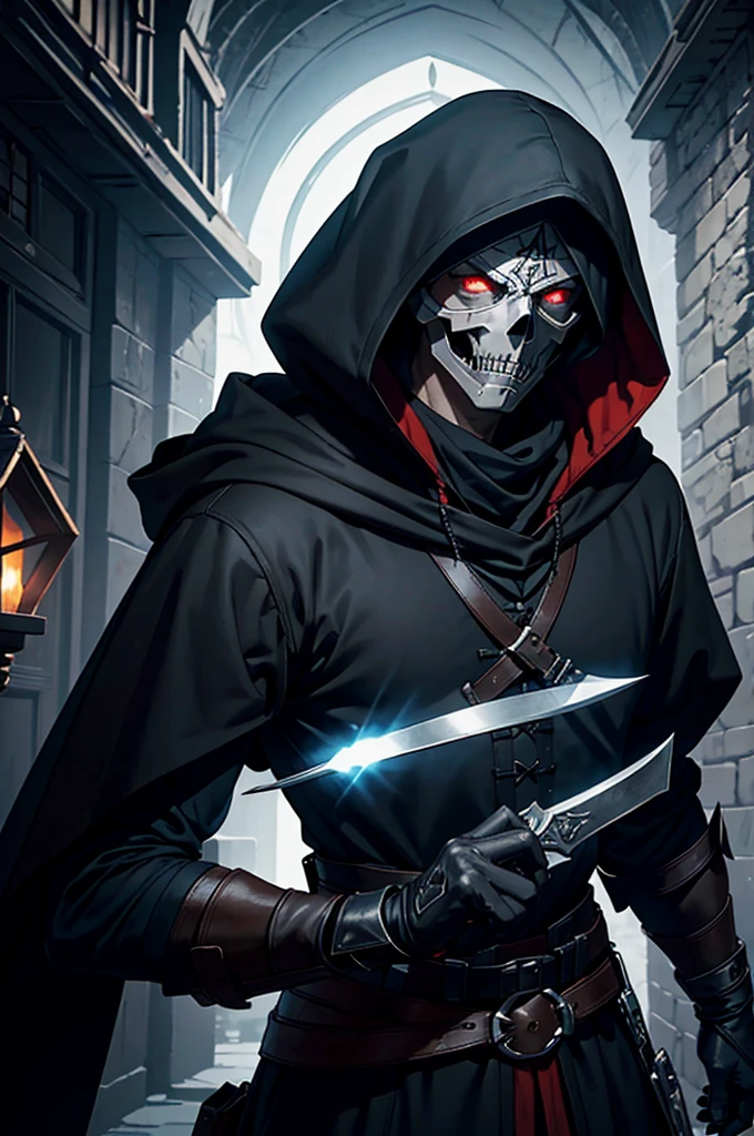 "An assassin, male, fantasy character, physically strong, wearing a skull mask covering his face and eyes, dressed in black medieval attire, with a white hooded cloak over it, gray hair, short hair, red eyes, holding a dagger, nighttime background."