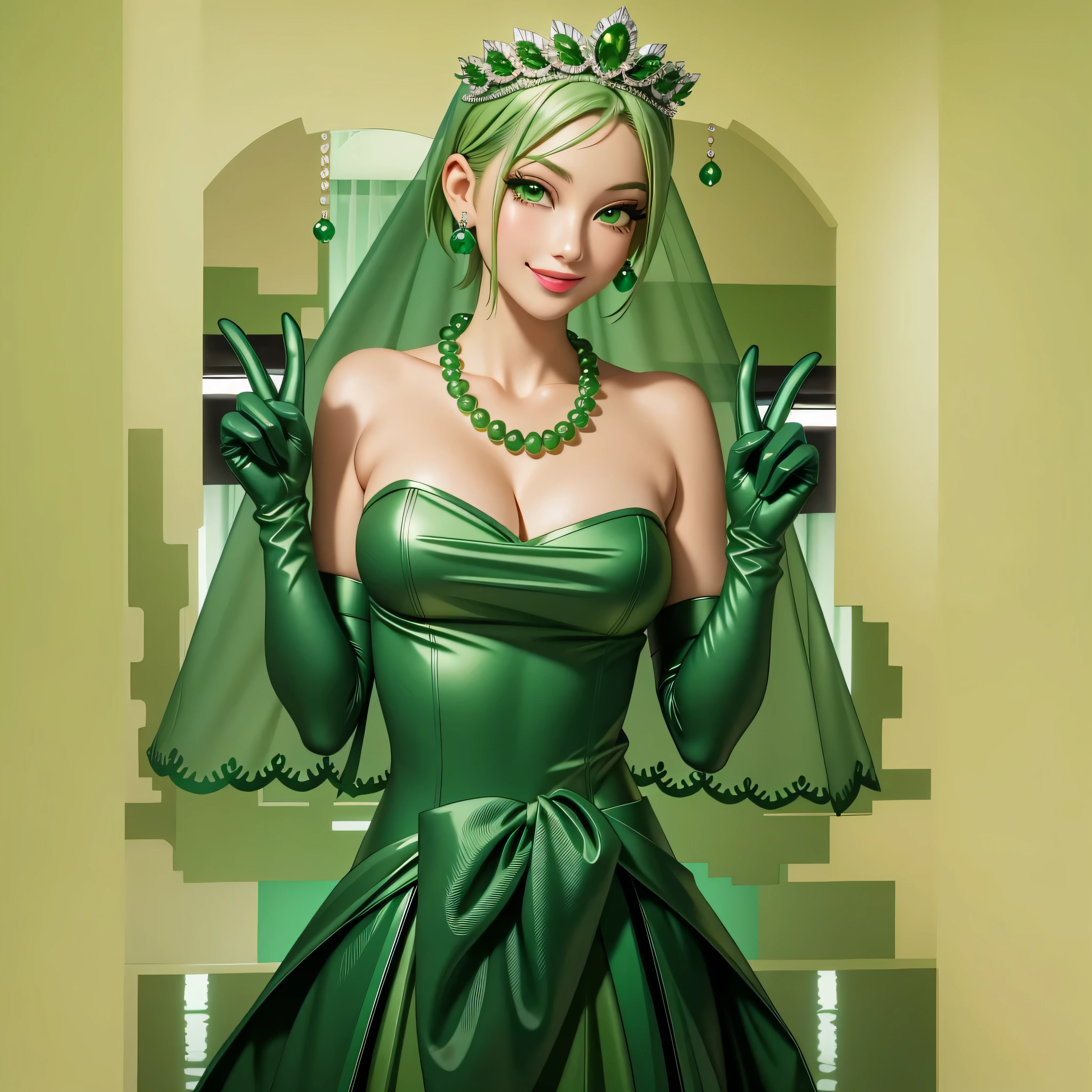Emerald tiara, Green Pearl Necklace, Boyish very short green hair, Green Lips, Smiling Japanese woman, Very short hair, Busty beautiful lady, Green Eyes, Green satin long gloves, Green Eyes, Emerald Earrings, Green veil, all, Green Hair, Beautiful Japanese Women, green lip gloss