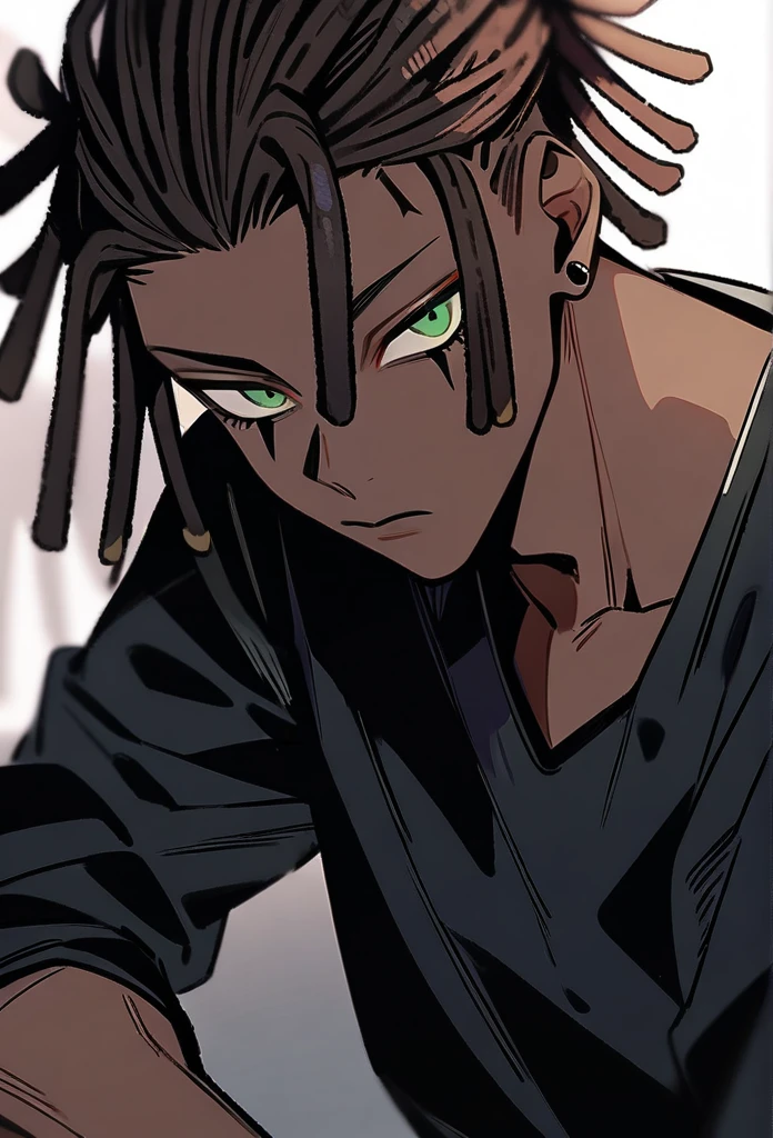 (1boy,jujutsu kaisen) solo, (emo style), (brown skin color),short ((dreadlock hairstyle)), green eyes, masterpiece, best quality, high quality.
